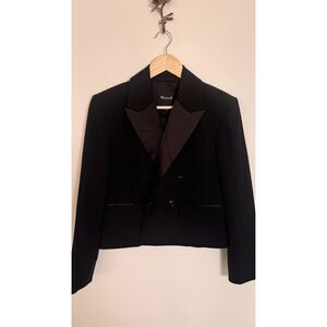 Madewell Black Satin Lapel Double Breasted Cropped Tuxedo Blazer Jacket 2